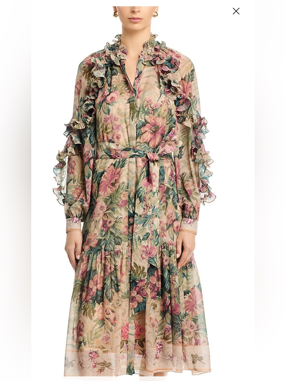 Kobi Halperin Floral Ruffle Midi Dress in Pink and Green - Picture 2 of 6